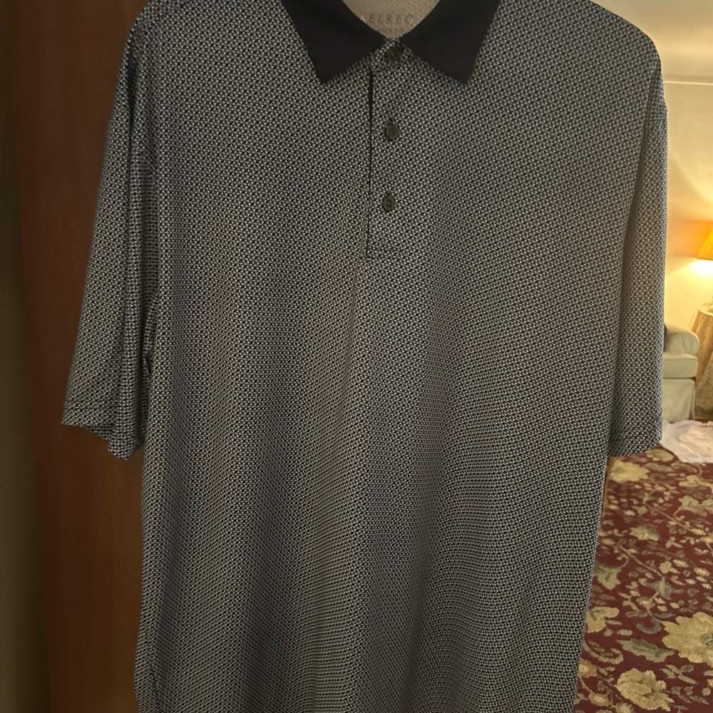 Men's Geo-Print Blue/Black/White/Gray Polo with Contrasting Collar